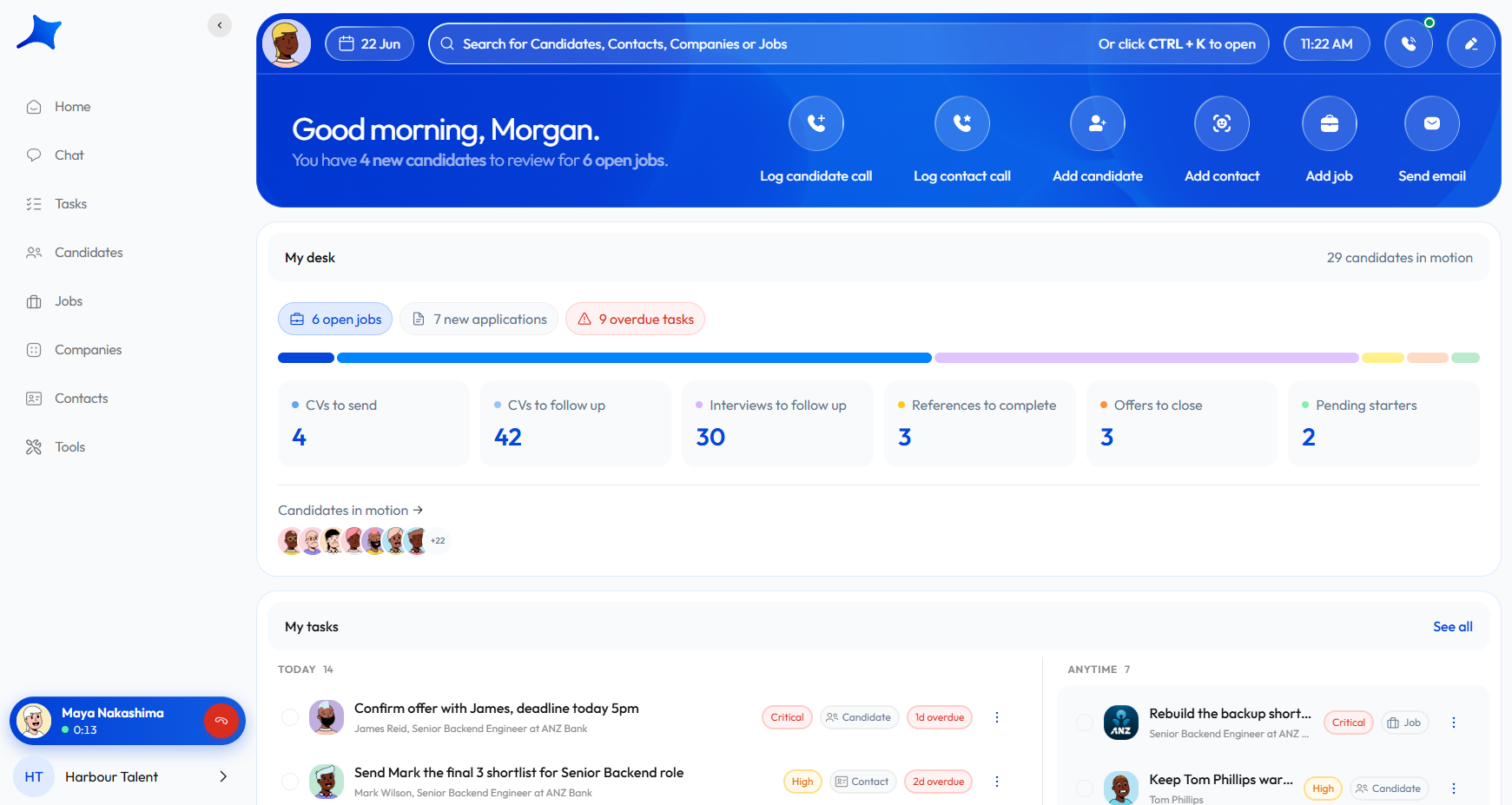 Your desk in Caliber, with candidates, jobs, calls and shared tasks
